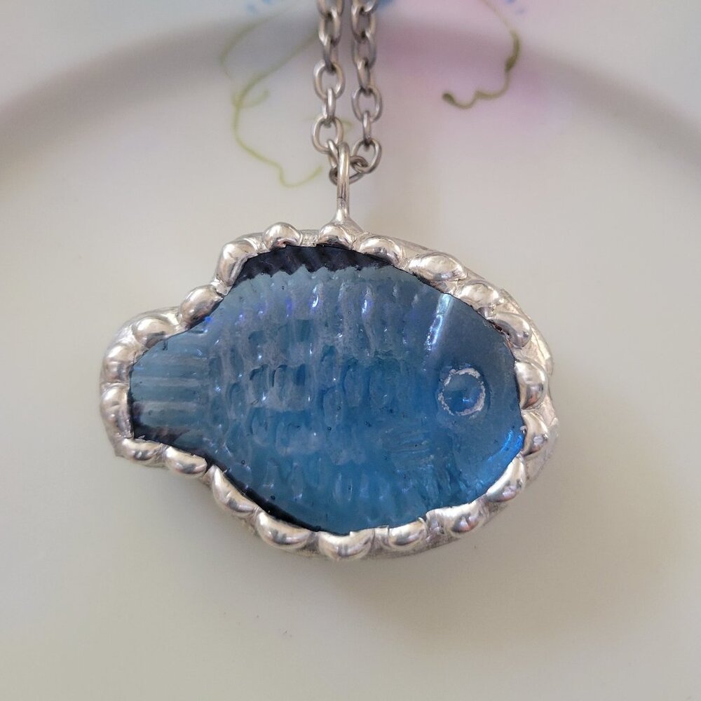 Blue Glass Fish Soldered Pendant Necklace
